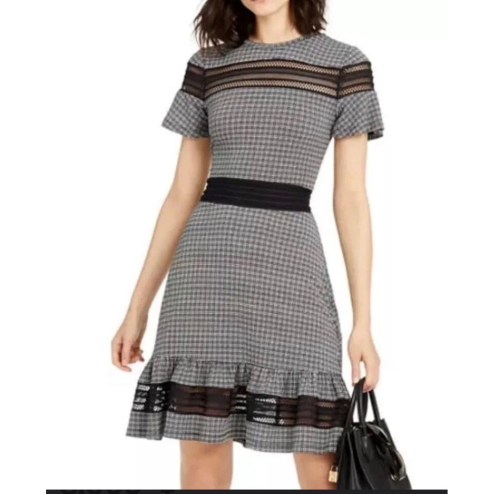 Michael Michael Kors Houndstooth Lace Inset Dress Black White Petite S